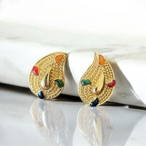 Vintage Avon Paisley Elegant Gold Teardrop Earrings with Multicolor Accents.